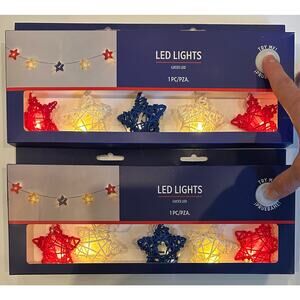 2 Sets of Red White & Blue Star Shape LED String Lights Memorial Day 4th Of July